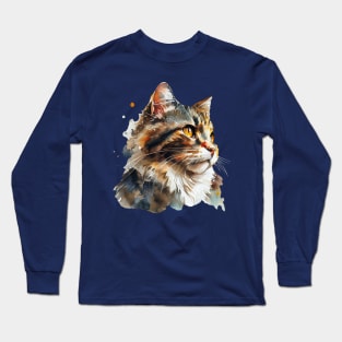 Watercolor Portrait of Fluffy Red Cat Long Sleeve T-Shirt